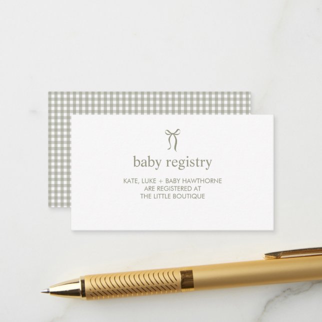 Simple Bow Sage Green Gingham Baby Gift Registry Enclosure Card (Front/Back In Situ)