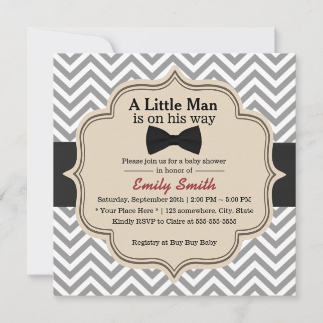 Simple Bow Tie Little Man Chevron Baby Shower Invitation (Front)