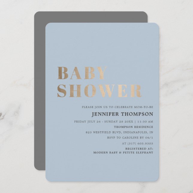 Simple Boy Blue & Gold Baby Shower Invitation (Front/Back)
