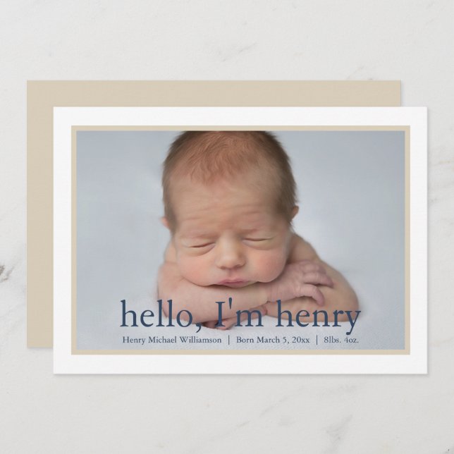 Simple Boy Blue Tan Photo Birth Announcement (Front/Back)