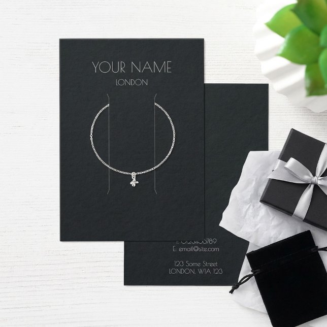 Simple bracelet display card (Simple bracelet display card with cut markers and silver grey text for name and contact details.)
