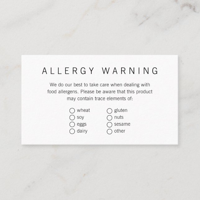 Simple Brand Ready Bakery Food Allergen Card (Front)