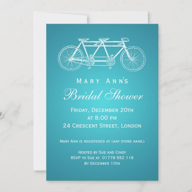 Simple Bridal Shower Tandem Bike Turquoise Invitation (Front)