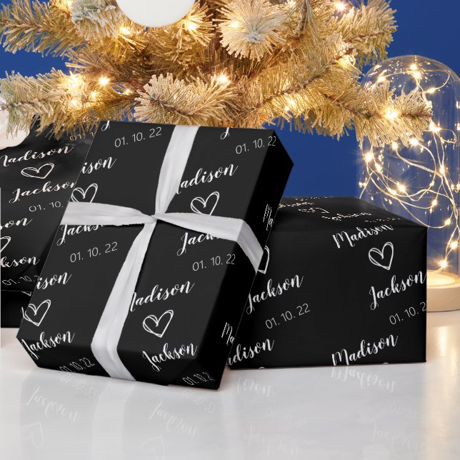 Simple Bride & Groom Names Wedding Black Wrapping Paper (Holidays)
