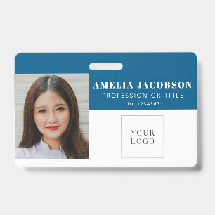 Simple Bright Blue Employee Photo ID Logo Barcode  Badge
