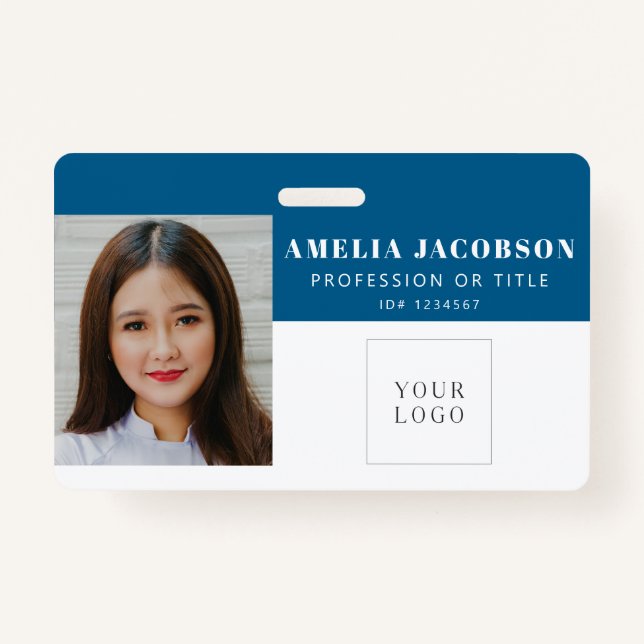 Simple Bright Blue Employee Photo ID Logo Barcode  ID Badge (Front)