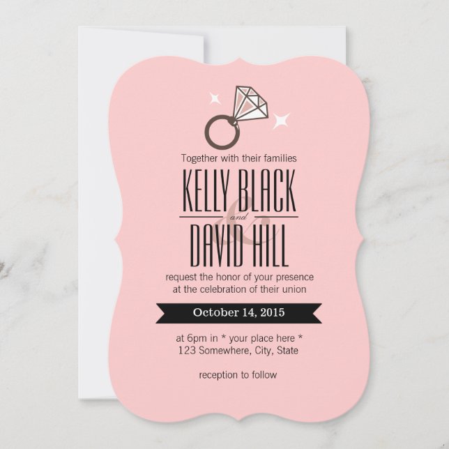 Simple Bright Diamond Ring Pink Wedding Invitation (Front)