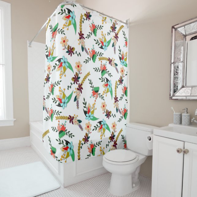 Simple Bright Floral Pattern Shower Curtain (In Situ)