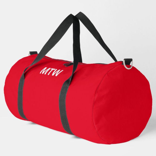 Simple Bright Red and White Monogram Text Template Duffle Bag (Left Corner)