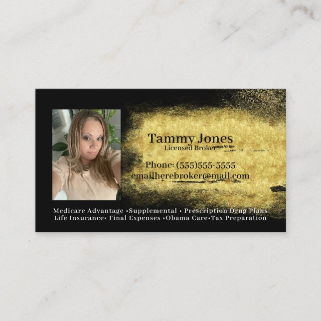 Simple Broker Health Tax Black Gold Business Cards (Front)