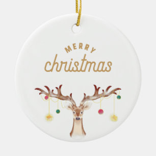 Simple Brown Aesthetic Reindeer Christmas Photo Ceramic Tree Decoration