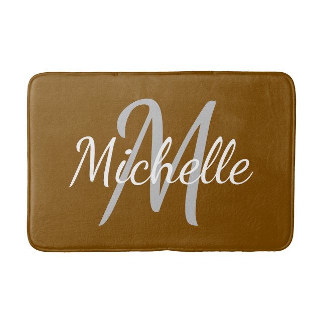 Simple brown Bold Typography & Name Monogram Bath Mat (Front)