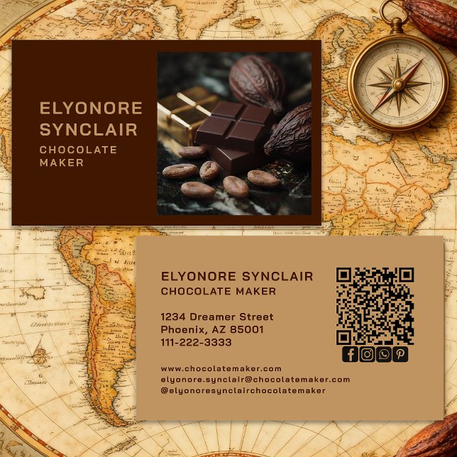 Simple Brown Chocolate Maker Photo Social QR Code  Business Card (Creator Uploaded)