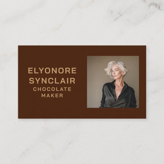 Simple Brown Chocolate Maker Photo Social QR Code  Business Card (Front)