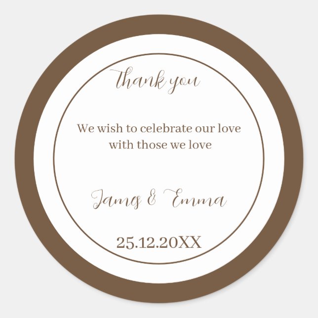 Simple Brown Customised Wedding Classic Round Sticker (Front)