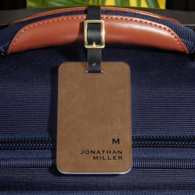 Simple Brown Leather Gold Monogram Luggage Tag (Front Insitu 2)