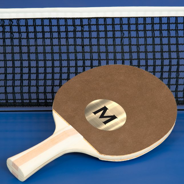 Simple Brown Leather Gold Monogram Ping Pong Paddle (Insitu)