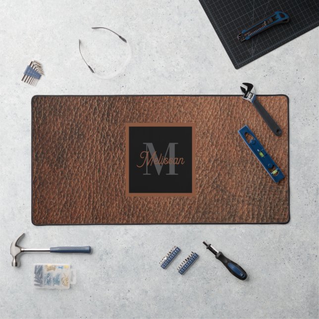 Simple Brown Leather Pattern Monogram Name  Desk Mat (Workstation)