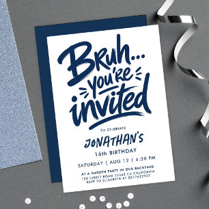 Simple Bruh Navy Blue Graffiti Calligraphy Teen Invitation