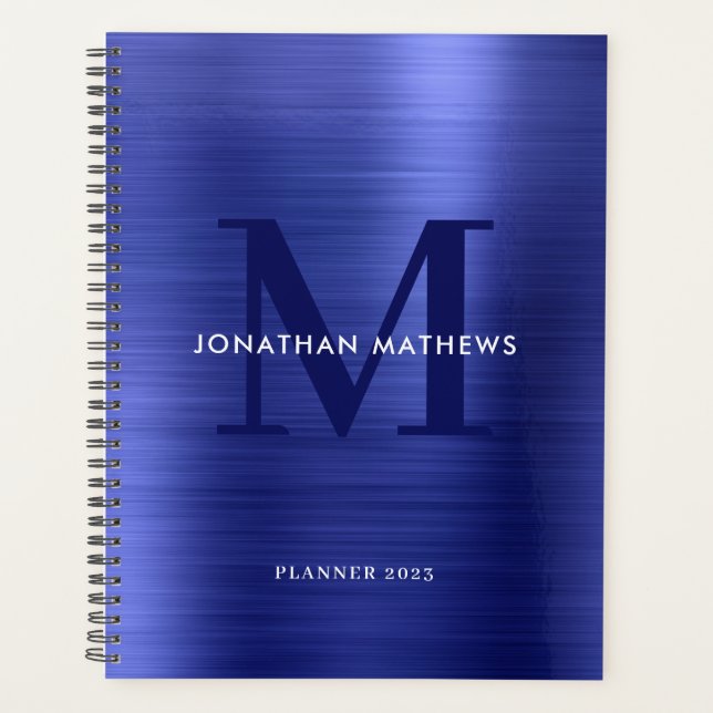 Simple Brushed Metallic Blue Classic Monogram Planner (Front)