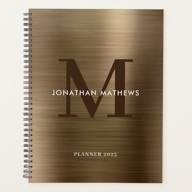 Simple Brushed Metallic Gold Classic Monogram Planner (Front)