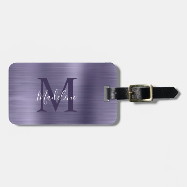 Simple Brushed Metallic Midnight Purple Monogram Luggage Tag (Front Horizontal)