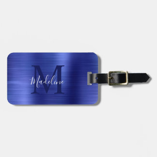Simple Brushed Metallic Royal Blue Monogram Luggage Tag