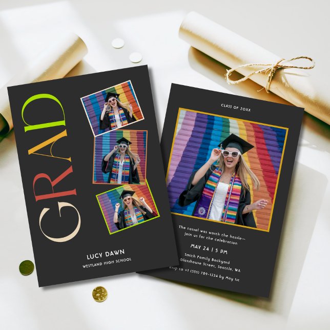 Simple Budget 4 Photo Groovy Retro Graduation Invitation (Creator Uploaded)