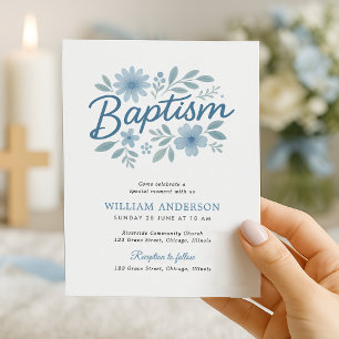 Simple budget Floral Baptism Invitation for Boy