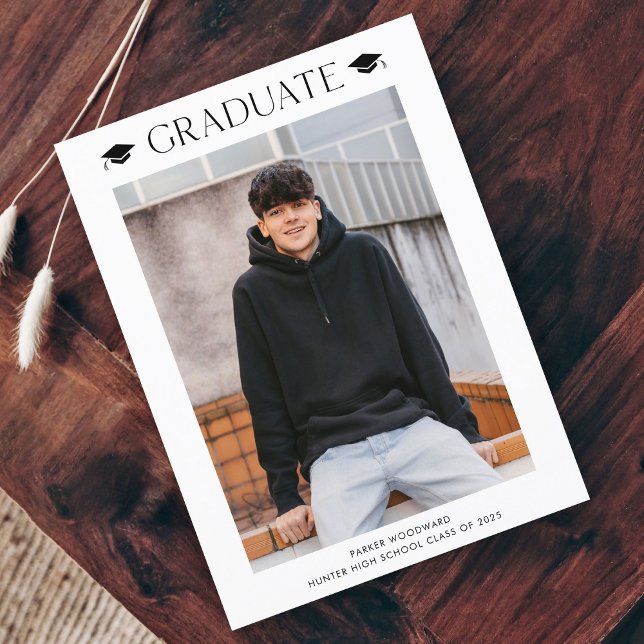 Simple Budget Photo Graduation Invitation (Simple black and white cap budget 2 photo graduation invitation announcement card.)