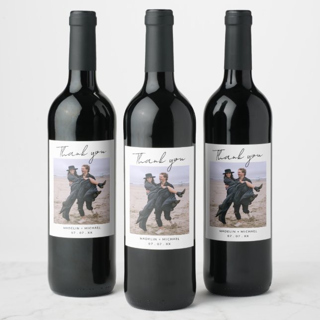 Simple Budget Wedding Minimalist Script Photo Wine Label (Bottles)