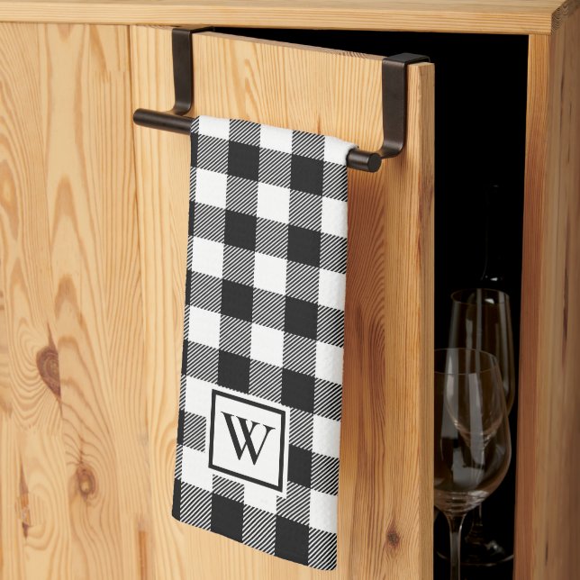 Simple Buffalo Plaid Monogram Black White Tea Towel (Thirds Fold)