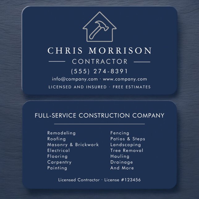 Simple Building Construction Navy Blue Silver Business Card (Creator Uploaded)