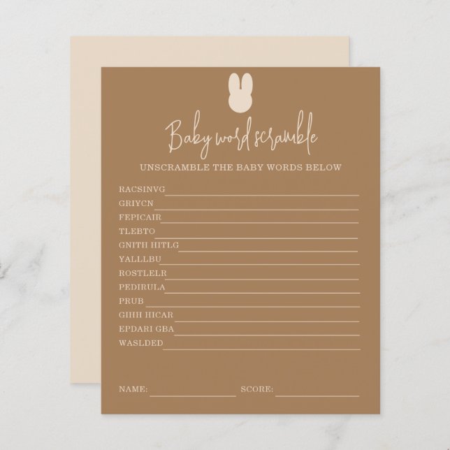 Simple bunny Baby Word Scramble | Baby Shower Game (Front/Back)