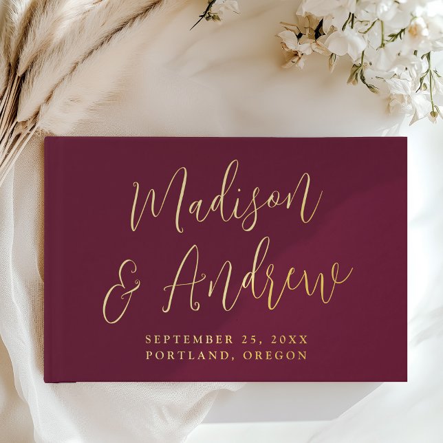 Simple Burgundy and Gold Foil Script Photo Wedding Guest Book (Creator Uploaded)