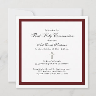Simple Burgundy and White First Holy Communion  Invitation