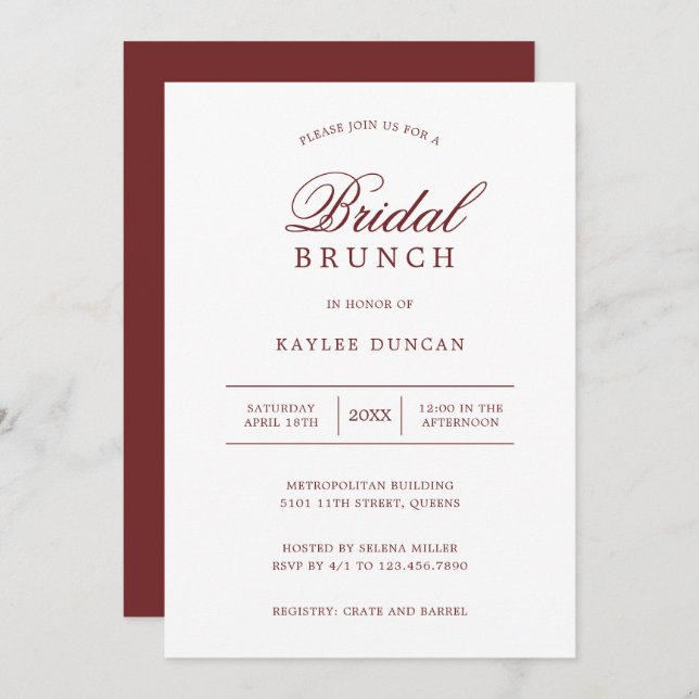 Simple Burgundy and White Minimalist Bridal Brunch Invitation (Front/Back)