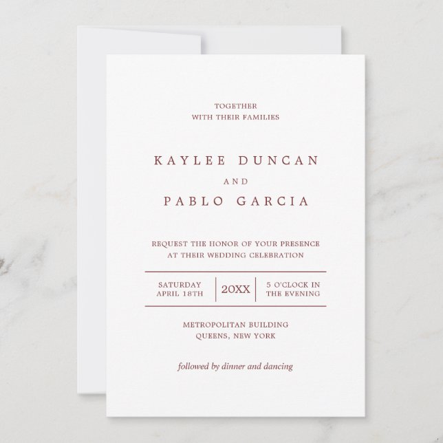 Simple Burgundy and White Minimalist Wedding Invitation (Front)