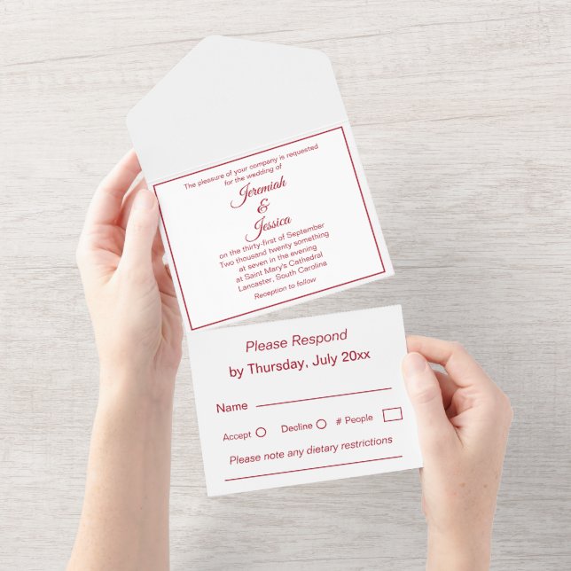 Simple Burgundy and White Wedding All In One Invit Invitation (Tearaway)