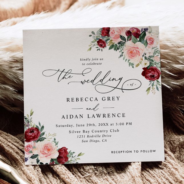 Simple Burgundy Blush Fall Floral Wedding Square Invitation (Creator Uploaded)