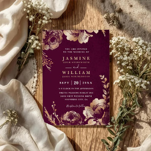 Simple Burgundy Blush Floral QR Code Wedding Invitation