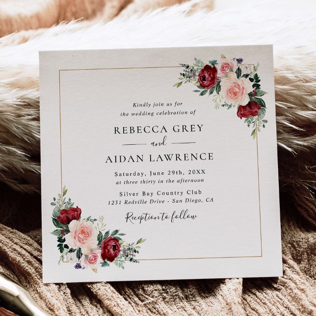 Simple Burgundy Blush Gold Floral Wedding Square Invitation (Creator Uploaded)
