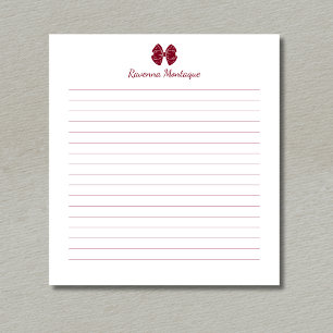 Simple Burgundy Bow Handwritten Custom Name Lined Notepad