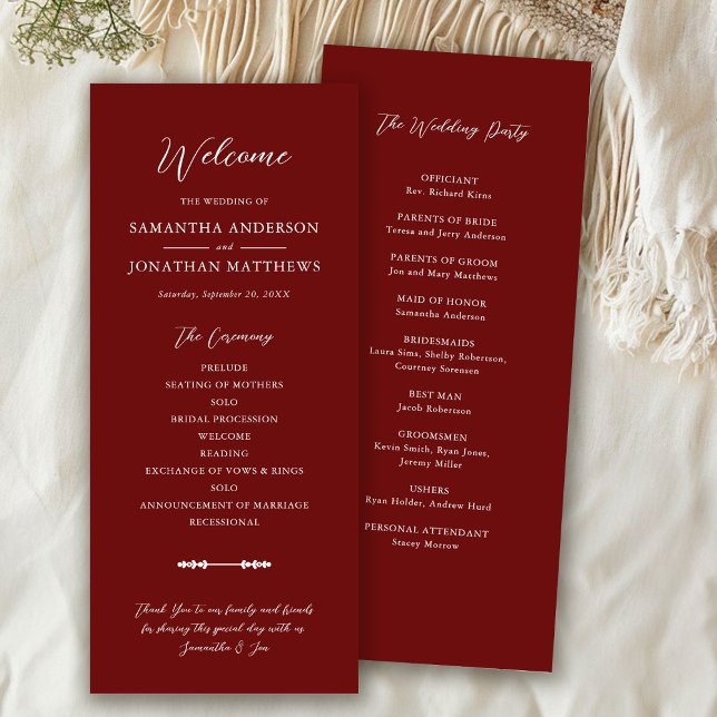 Simple Burgundy Elegant Script Wedding Ceremony Programme (Creator Uploaded)