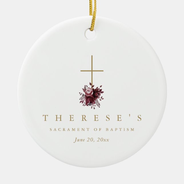 Simple Burgundy Floral Cross Catholic Baptism Ceramic Tree Decoration (Front)