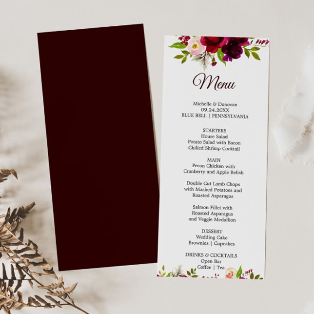 Simple Burgundy Floral Dinner Menu Card (Creator Uploaded)