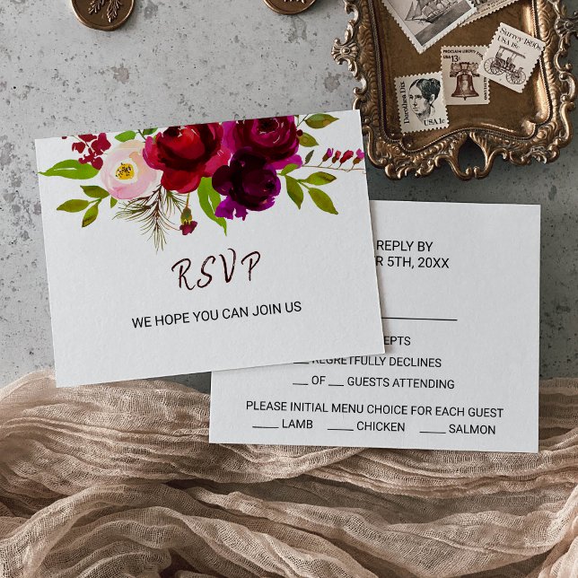 Simple Burgundy Floral Menu Choice Rsvp Card (Creator Uploaded)