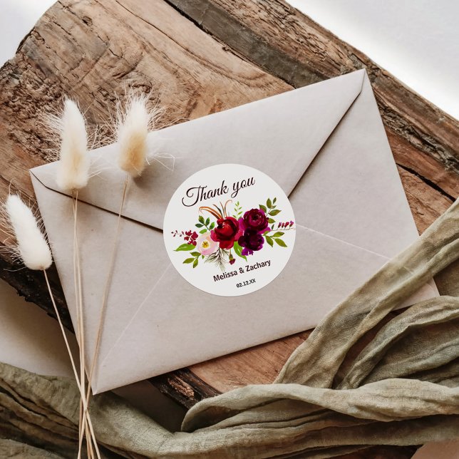 Simple Burgundy Floral Thank You Favour Classic Round Sticker (Creator Uploaded)