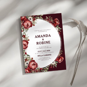 Simple Burgundy Floral Watercolor Wedding Invitation