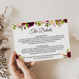 Simple Burgundy Floral Wedding Details Insert Card